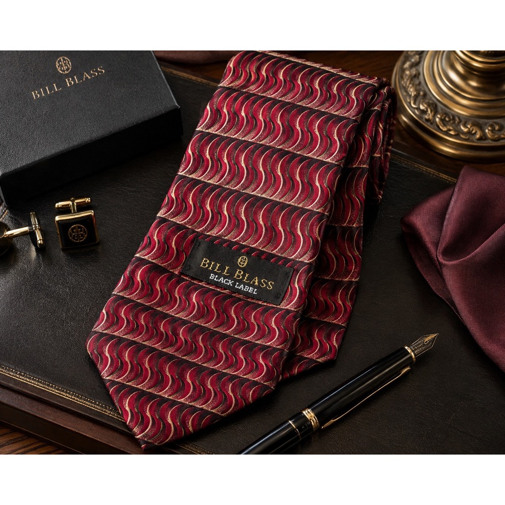 Bill Blass Black Label 100% Silk Necktie Red Burgundy Abstract Wave Pattern